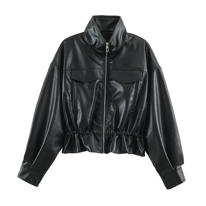 Dam Oversize Blouson Jacka Tillverkad av Vegansk Läder med A Hög Standing Krage och Drawstring Waist