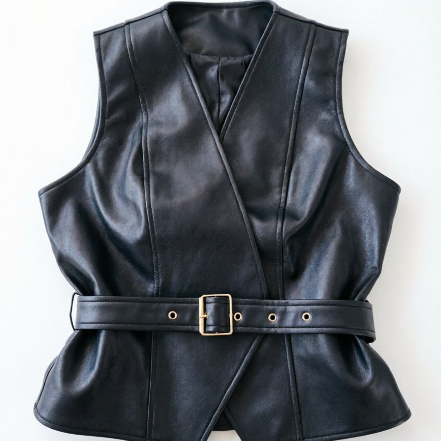 Dam Elegant Läder Väst med Waist Belt