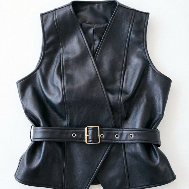 Dam Elegant Läder Väst med Waist Belt