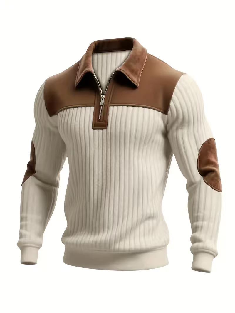 Herr Ribbad Halv Dragkedja Pullover med Contrasting Läder Appliqués On Shoulders och Elbows