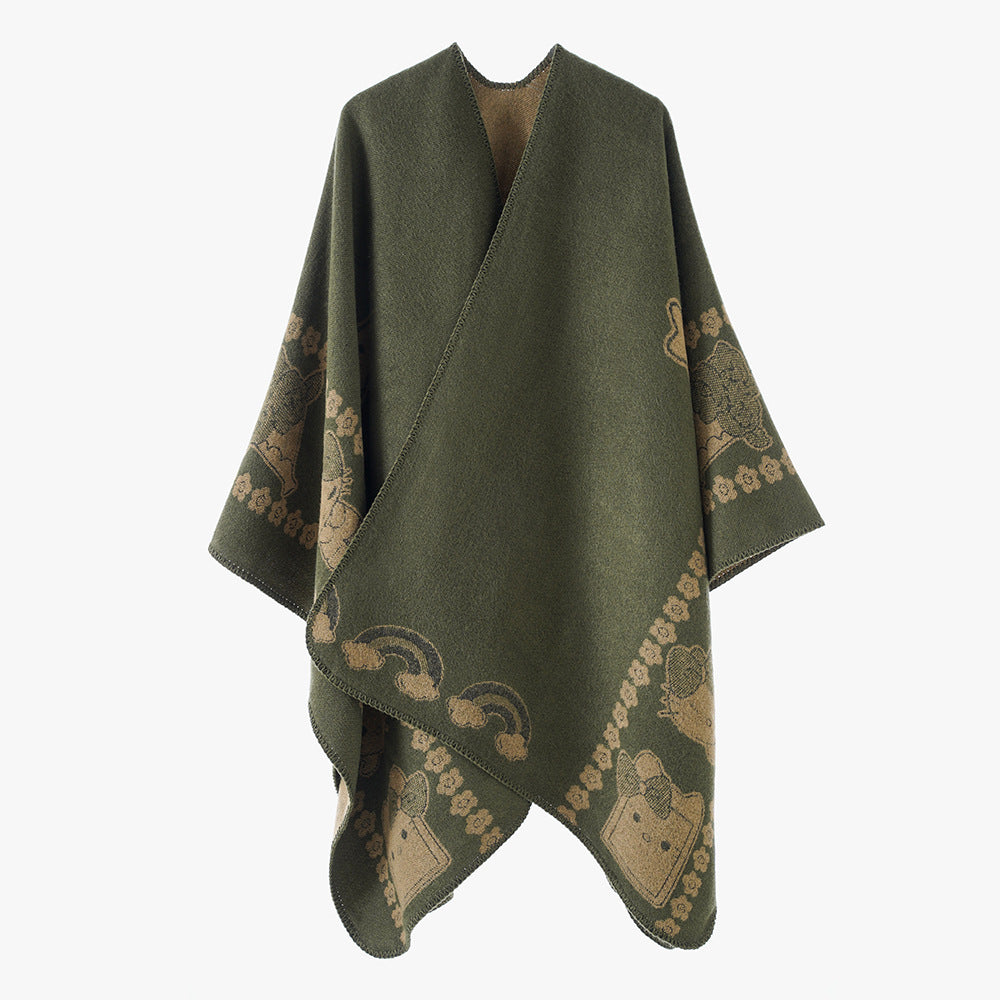 Dam Oversize poncho med Jacquard Animal mönster och Asymmetrical Pointed fåll