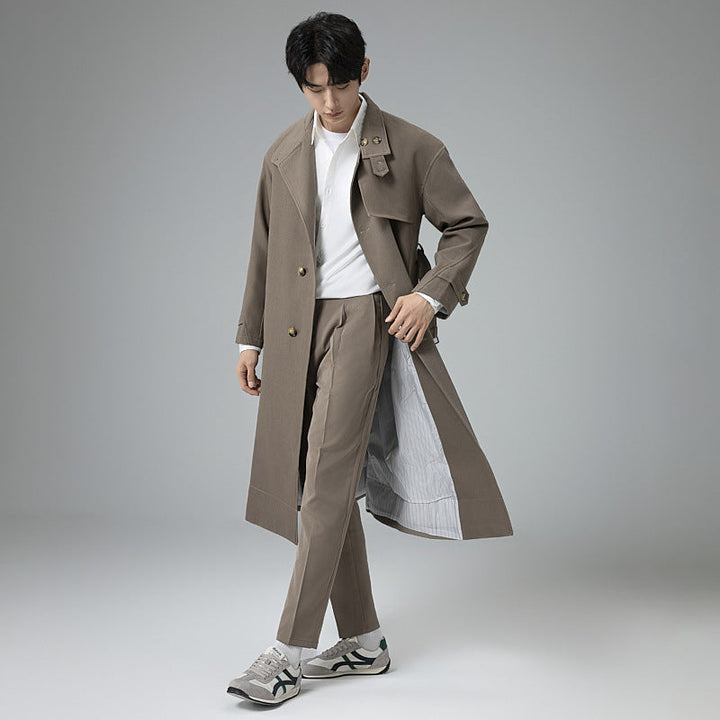 Herr Lång Modern Trench Kappa Tillverkad av Lätt Twill med Dold Knappslå och Midja Bälte