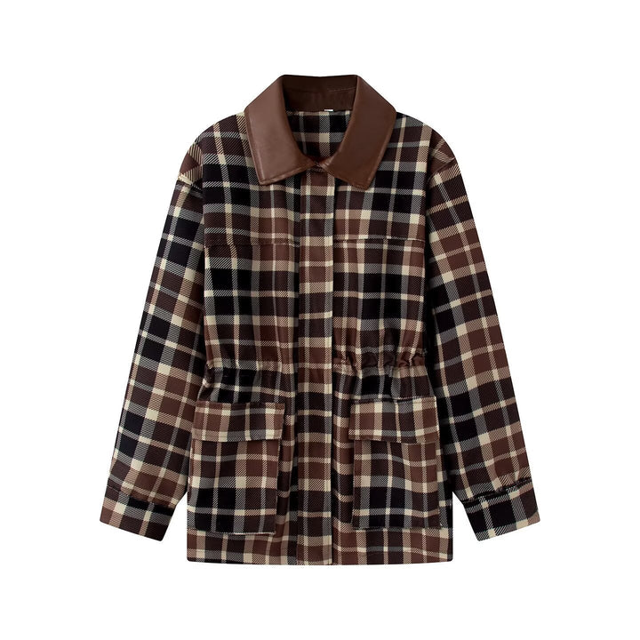 Dam Checked Transitional Parka med Faux Läder Krage, Drawstring och Lock Fickor
