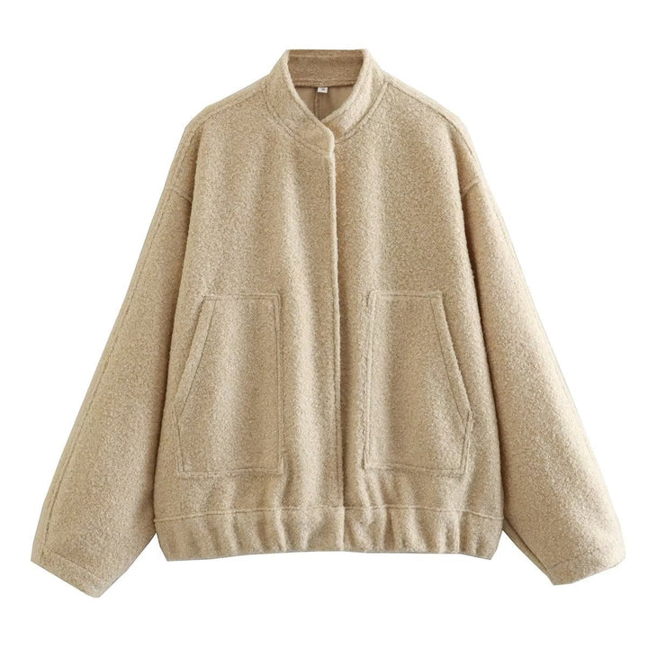 Dam boxy ullblandning blouson med ståkrage, concealed front placket, sidofickor och elastisk fåll