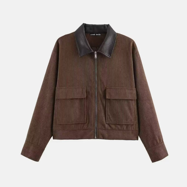 Dam kort Cord jacka in Blouson stil med läder krage och Flap fickor