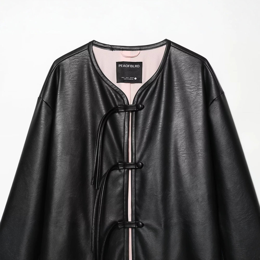 Dam Oversize Jacka i Konstläder med Cord Knot Stängning och Patch Fickor