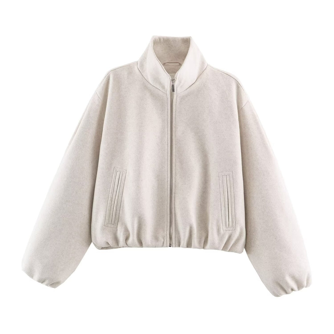 Dam Oversize Kort Blouson med Stå Krage, Dragkedja och Elastic Nederkant