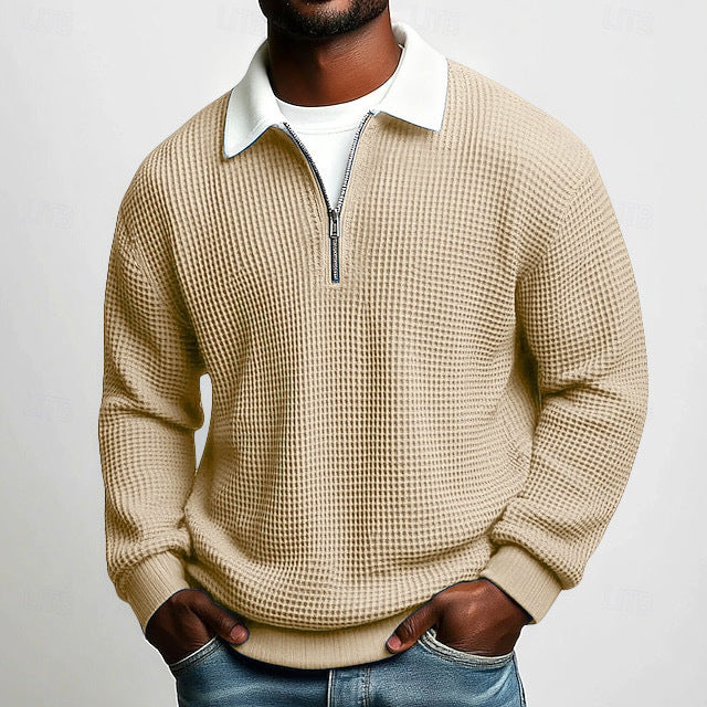 Herr Strukturerad Waffle Stickad Pullover med Polo Krage och Kort Dragkedja