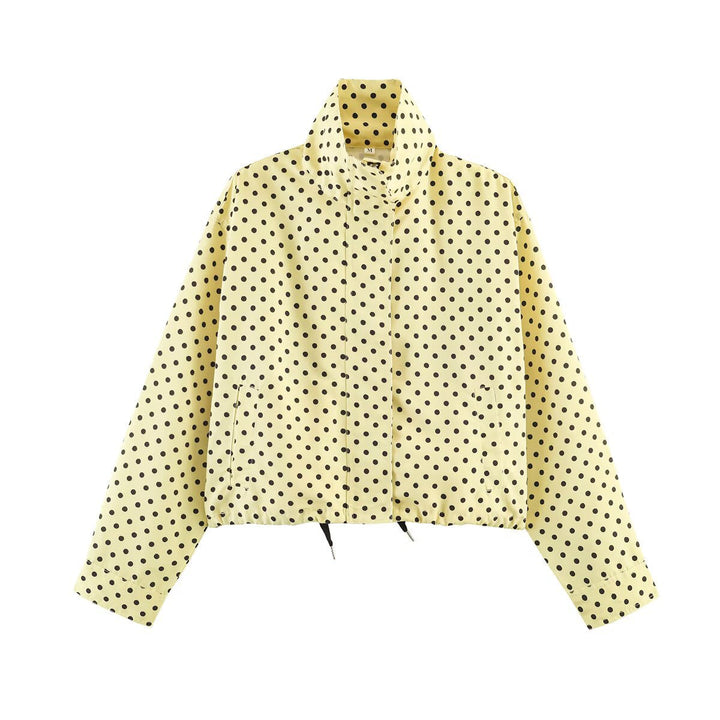 Dam Dotted Kort Jacka med Stå Krage, Dold Front Knäppning och Drawstring