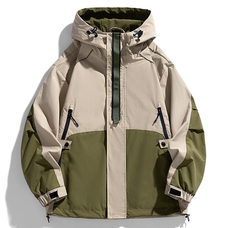 Unisex lätt två-tone wind och rain jacka med huva, dragsko och zip fickor