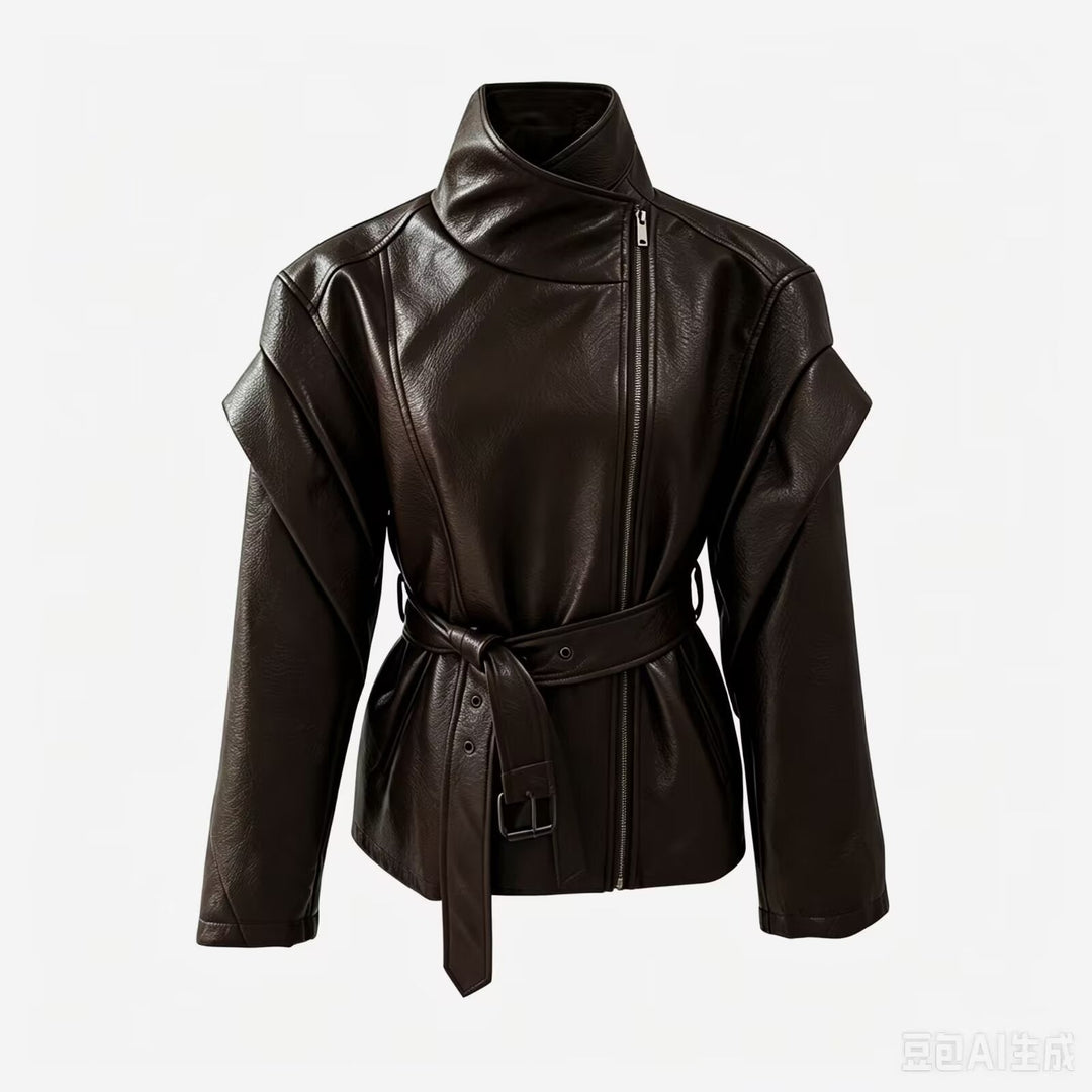Dam Tailored Jacka i Konstläder med Hög Stå Krage, Asymmetrisk Dragkedja och Tied Belt