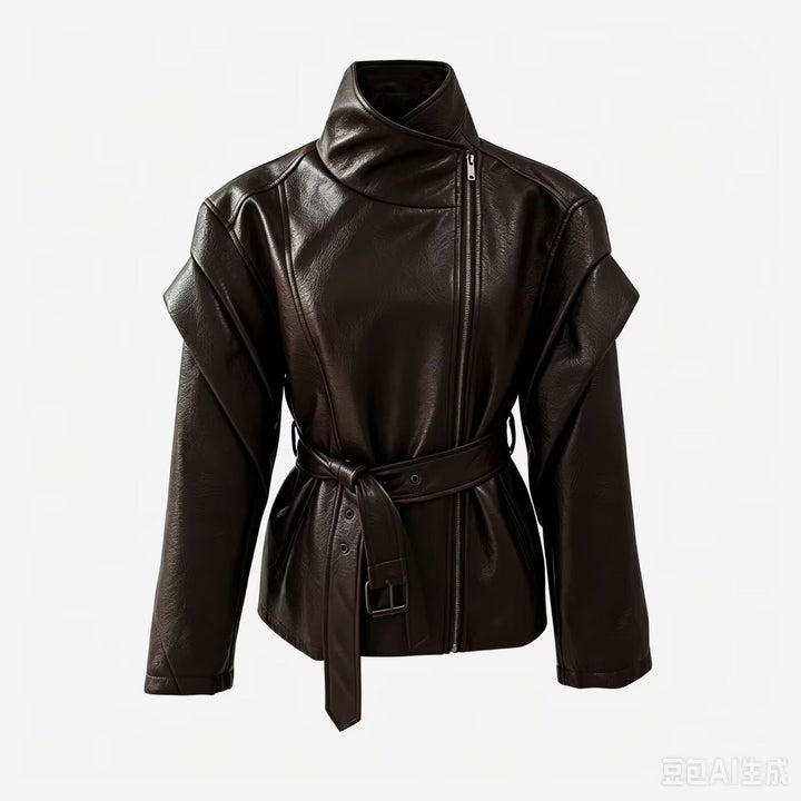 Dam Tailored Jacka i Konstläder med Hög Stå Krage, Asymmetrisk Dragkedja och Tied Belt