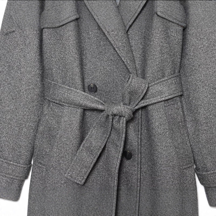 Dam lång ull trenchcoat med knytband