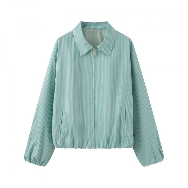 Dam Lätt Randig Kort Jacka i Blouson Stil med Skjort Krage och Elastic Nederkant