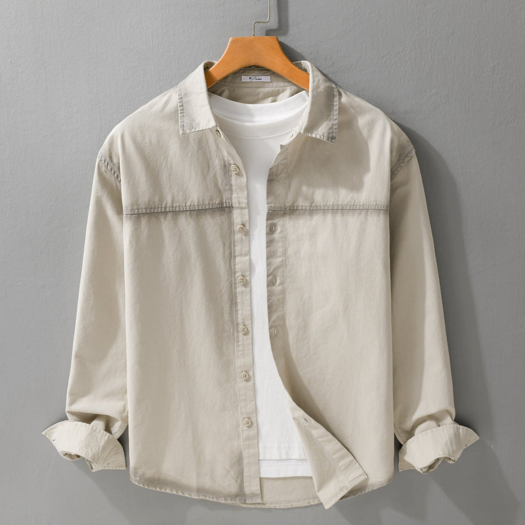 Herr Skjortjacka i Oversized Stil med Washed Edges och Klassisk Kent Krage