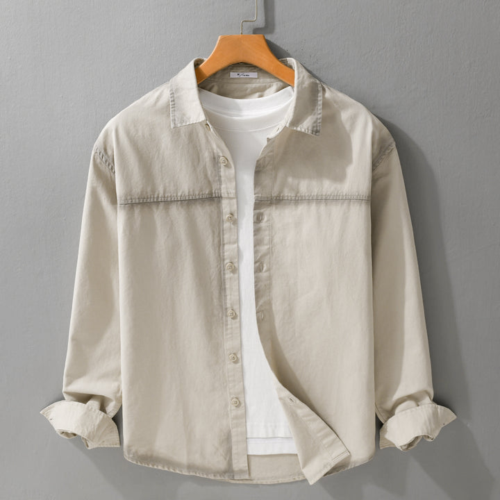 Herr Skjortjacka i Oversized Stil med Washed Edges och Klassisk Kent Krage