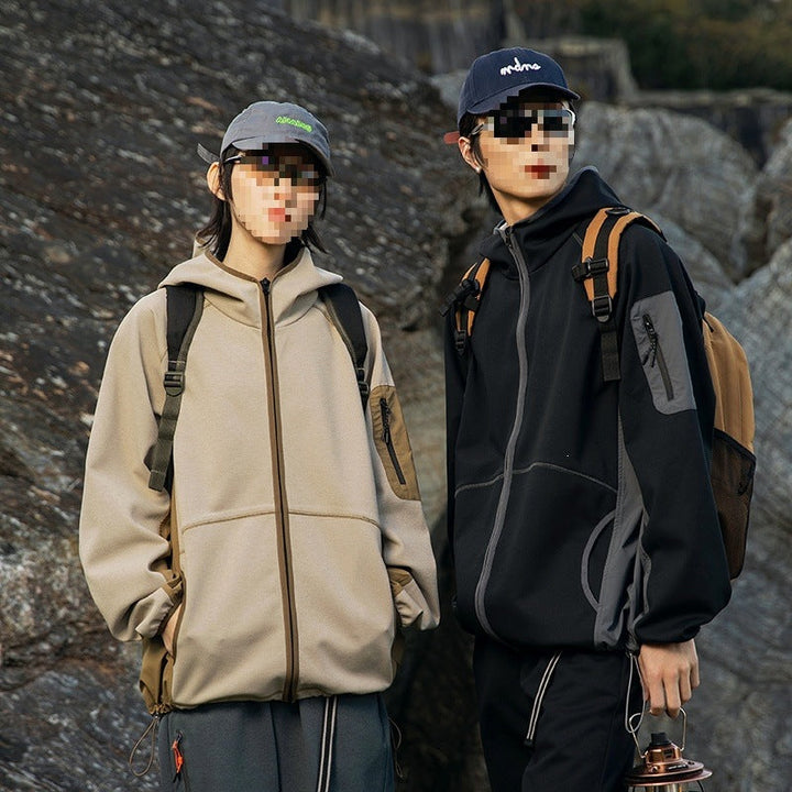 Herr Oversize Frilufts Fleece Jacka med Huva, Ärm Dragkedja Ficka &amp; Dragsko