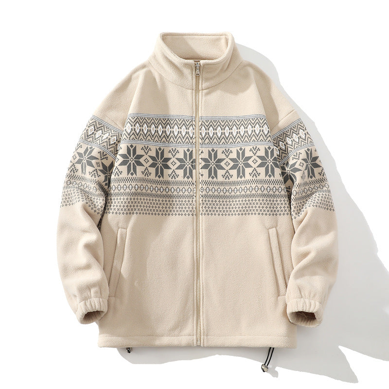 Unisex Norwegian mönster fleecejacka med ståkrage, all-round dragkedja och dragsko