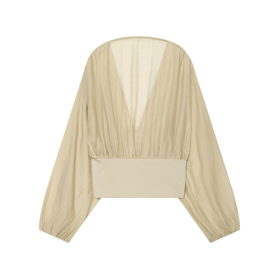 Dam Kort Bolero Blouson med Deep V-Neck, Gathered Yoke och Balloon Ärmar
