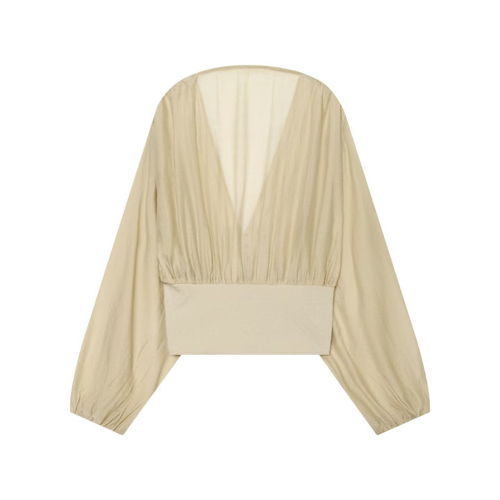 Dam Kort Bolero Blouson med Deep V-Neck, Gathered Yoke och Balloon Ärmar