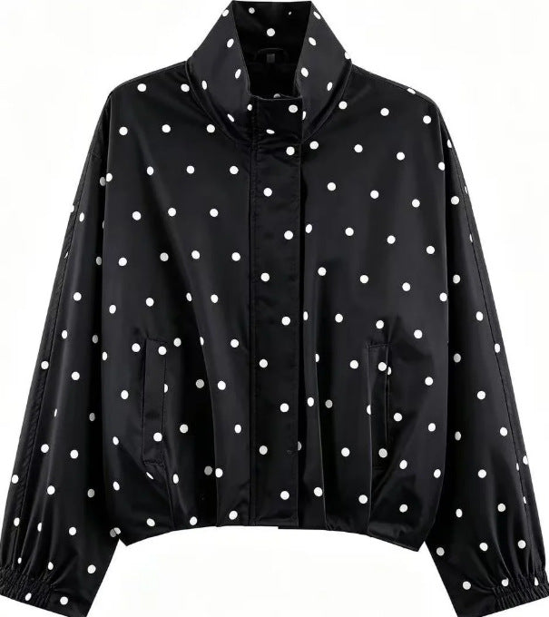 Dam Prickig Prick Kort Blouson Jacka med Stå Krage, Elastic Nederkant och Dold Knapp Knäppning