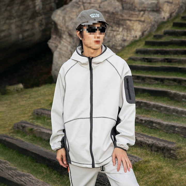 Herr Oversize Frilufts Fleece Jacka med Huva, Ärm Dragkedja Ficka &amp; Dragsko