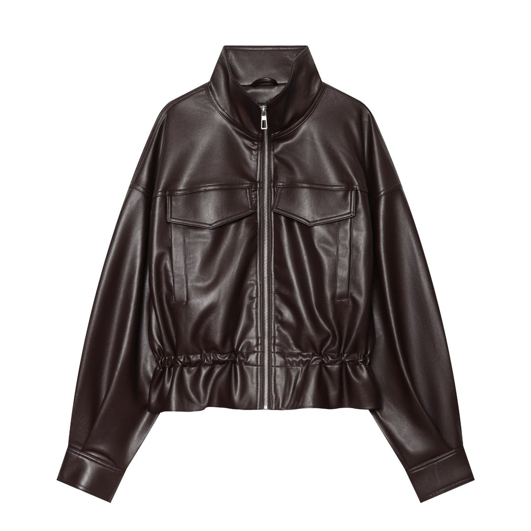 Dam Kort Jacka i Konstläder med Hög Stå Krage, Patch Chest Fickor och Drawstring Waist
