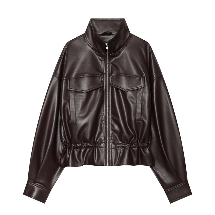 Dam Kort Jacka i Konstläder med Hög Stå Krage, Patch Chest Fickor och Drawstring Waist