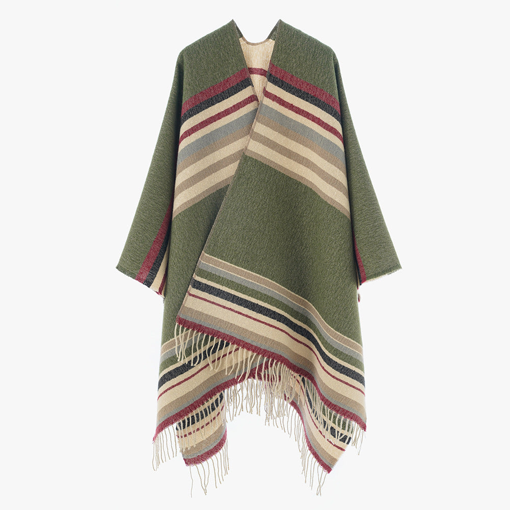 Dam Oversize Blanket poncho tillverkad av ullblandning med randig kant och Fringes