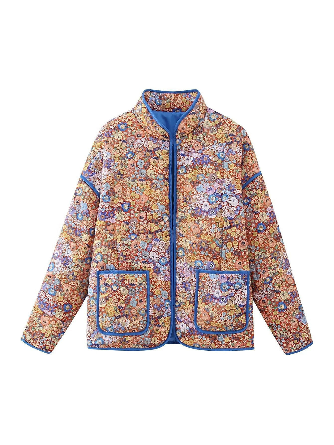 Dam quiltad floral jacka med ståkrage, dragkedja, och påsydda fickor