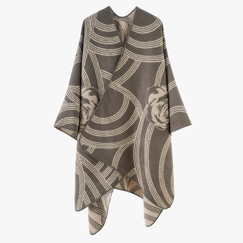 Dam Jacquard capeponcho med Rose mönster och oversized Fall
