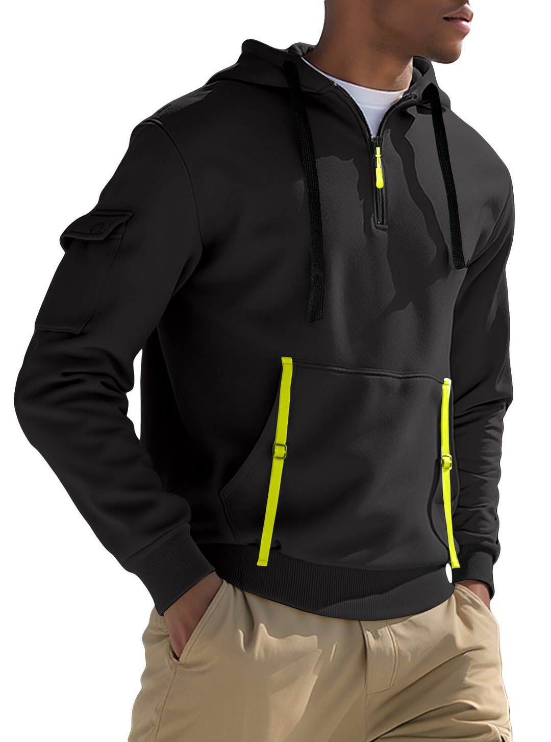 Herr Nano Urban Tech med Huva Halv Dragkedja Pullover med Utility Ärmficka, Känguruficka, och Adjustable Dragkedja Tapes