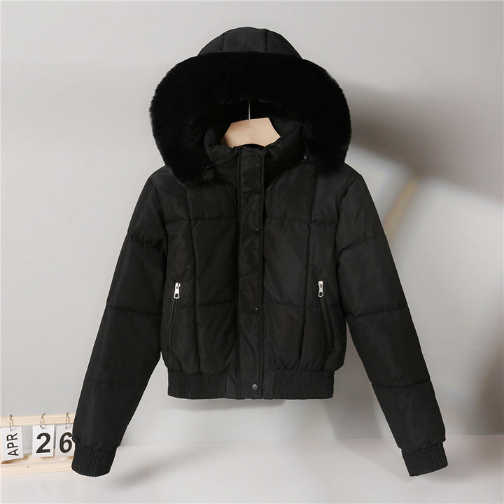 Dam kort isolerande hooded jacka med voluminous pälskrage kant och elastic ribbed fåll