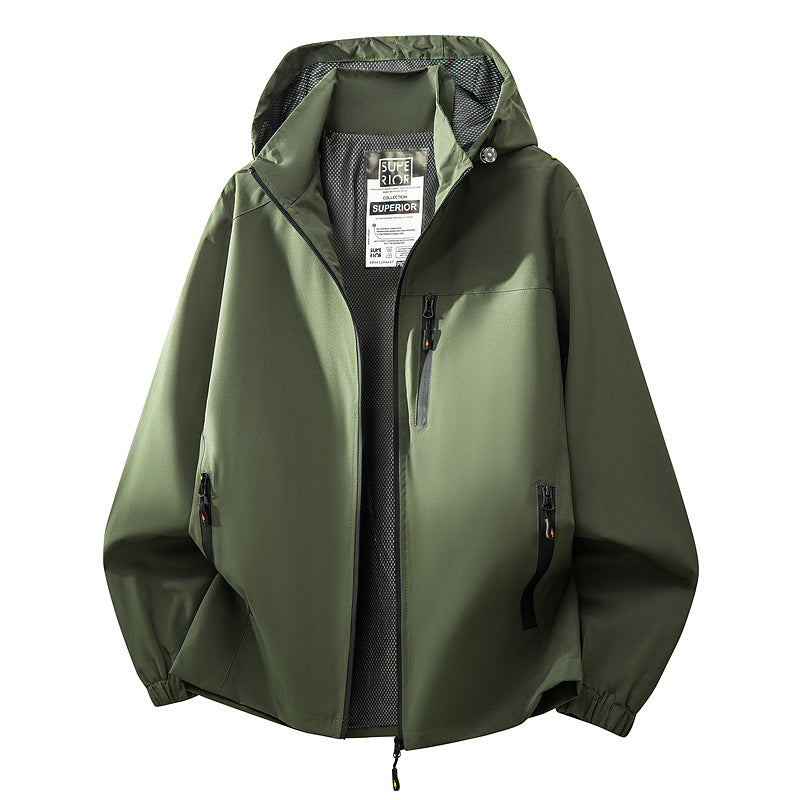 Herr Lätt Water-Repellent med Huva Softshell Jacka med Mesh Foder, Dragkedja Fickor &amp; Elastiska Muddar