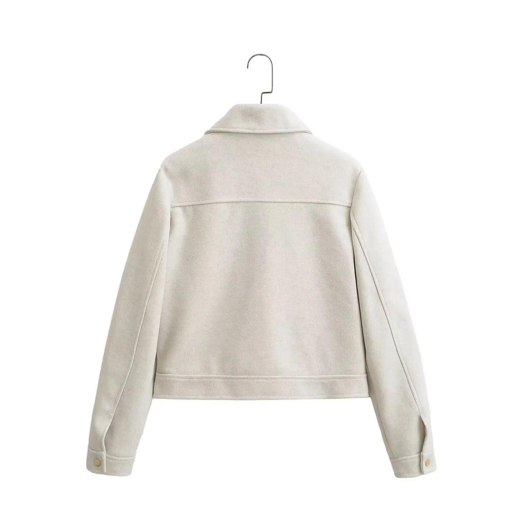 Dam boxy ullblandning shacket med concealed metal dragkedja, skjortkrage, och påsydda fickor