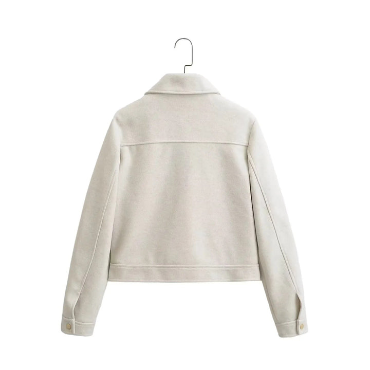 Dam boxy ullblandning shacket med concealed metal dragkedja, skjortkrage, och påsydda fickor