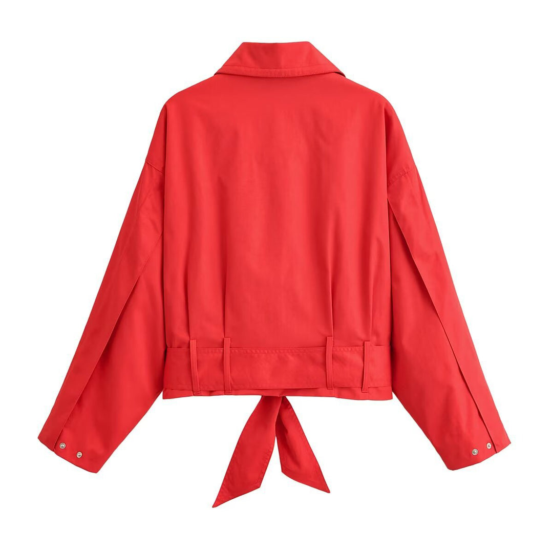 Dam Kort Jacka i Blouson Stil med Tie Belt och Wide Krage