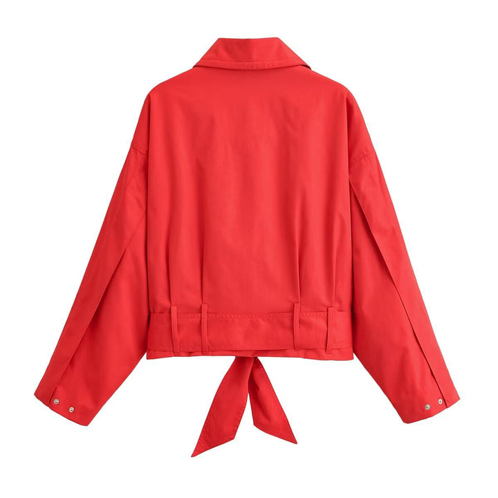 Dam Kort Jacka i Blouson Stil med Tie Belt och Wide Krage