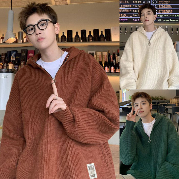 Herr Chunky Stickad Pullover med Huva och Dragkedja