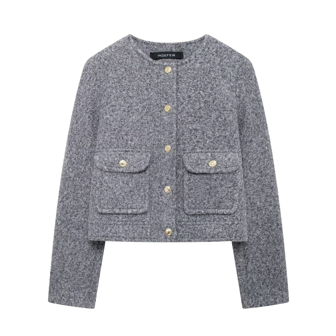 Dam Kort Skärning Boucléjacka med Round Neckline, Patch Fickor, och Guld Dekorativ Knappar