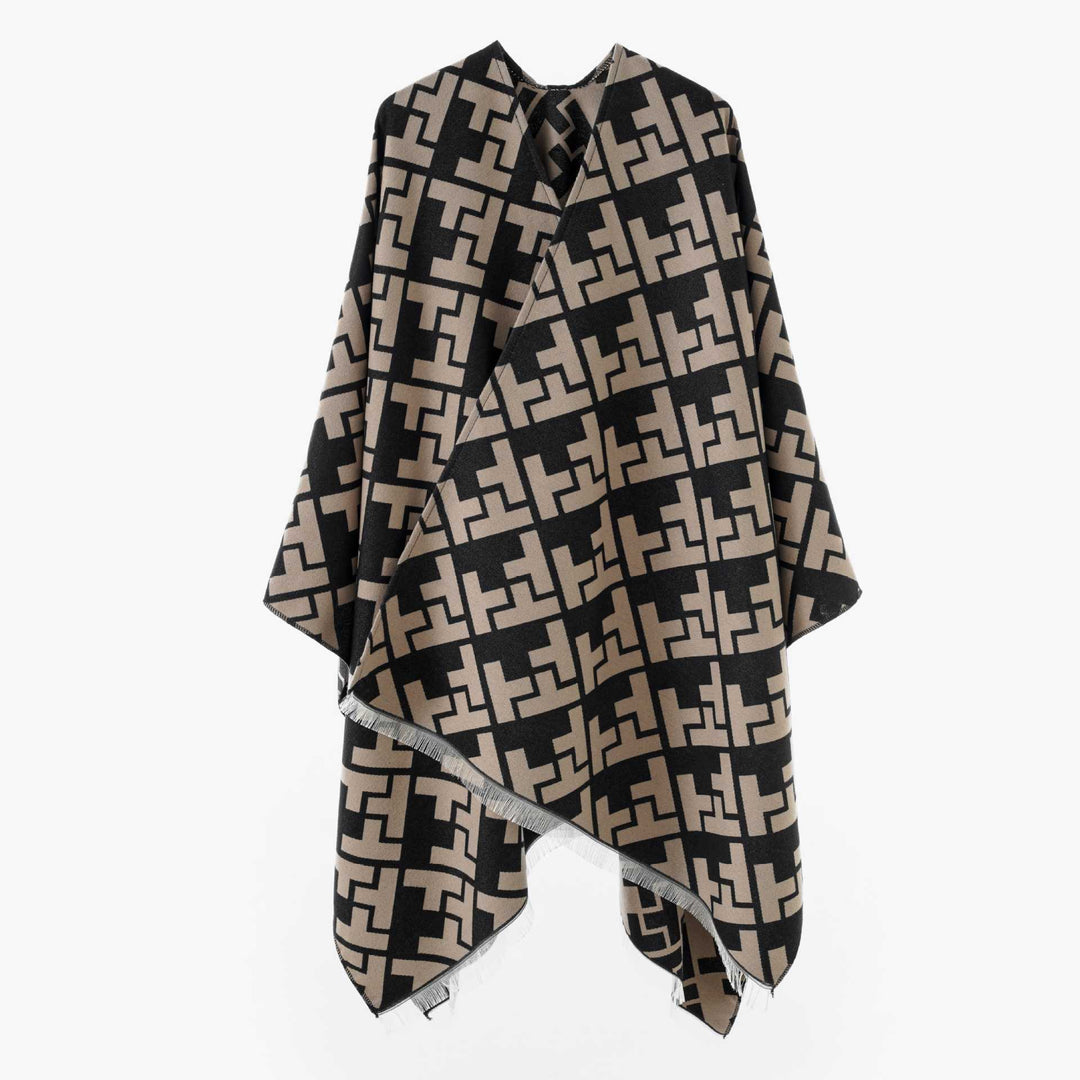 Dam Oversize Jacquard capeponcho tillverkad av ullblandning med geometric mönster och fringes