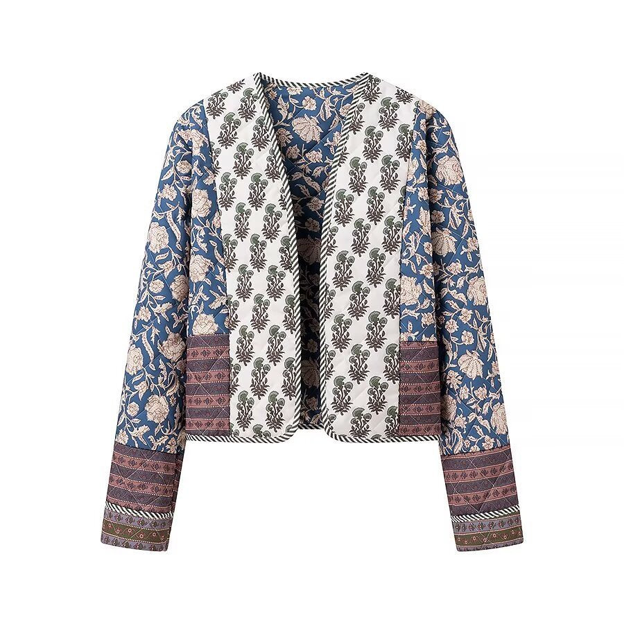 Dam kviltad kort jacka in Boho Patchwork stil med Open fram