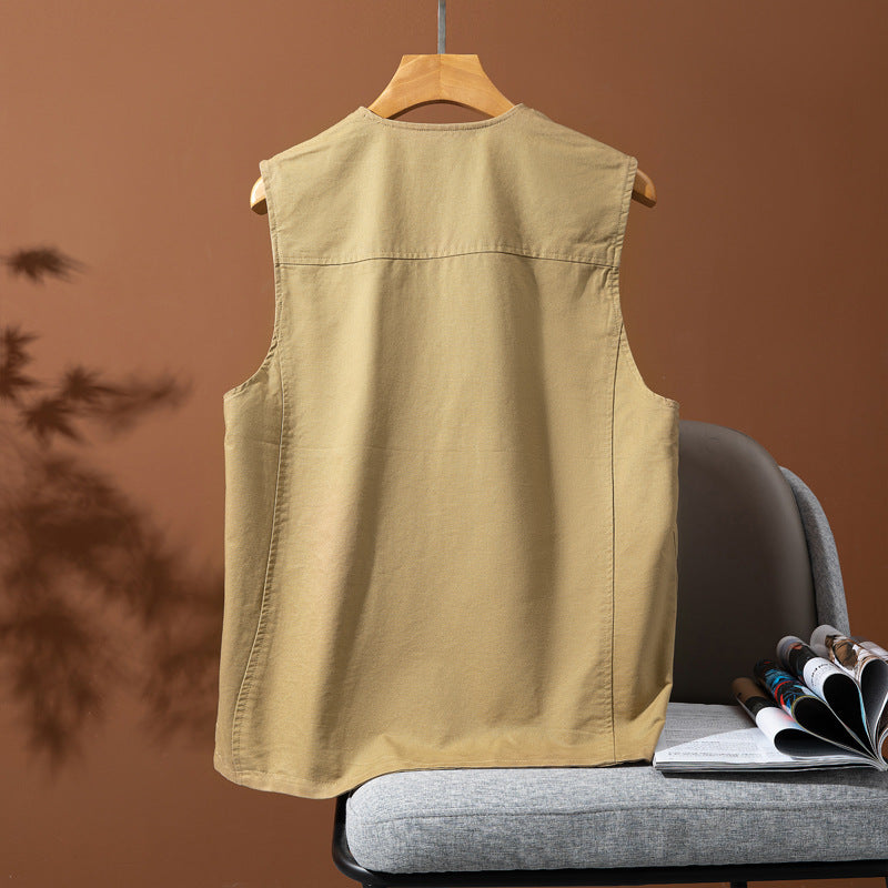 Herr Sleeveless Utility Canvas Väst med V-Neck, Knapplist, och Utanpåfickor