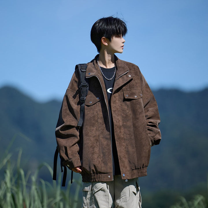 Herr Oversized Läder Jacka med Wide Asymmetrical Lapel och Midja Belt