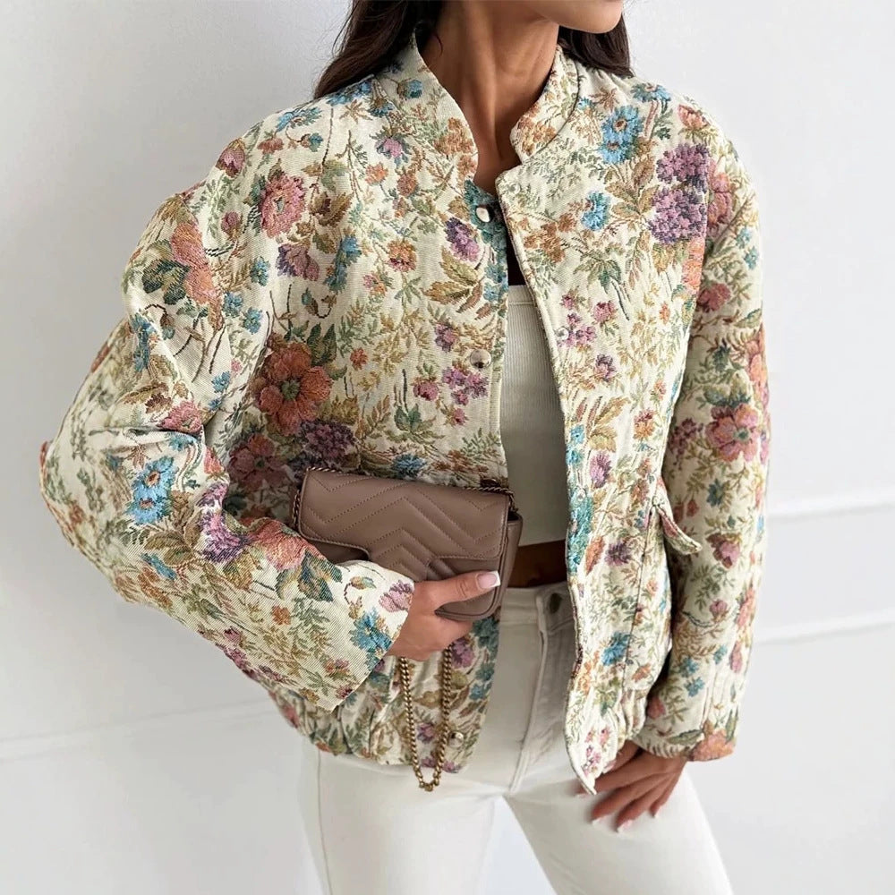Dam Floral Jacquard quiltad jacka med Standing krage och elastisk fåll