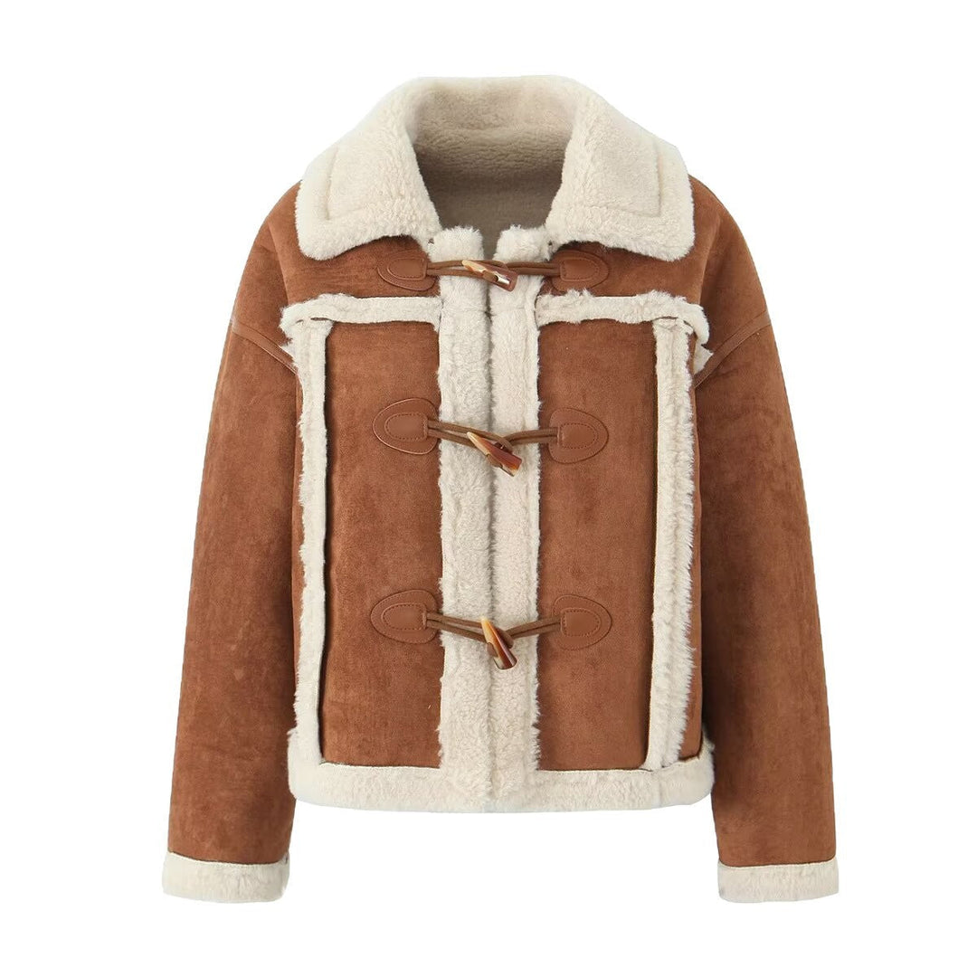 Dam Kort Shearling Look Lambskin Jacka med Toggle Stängning och Contrast Kant