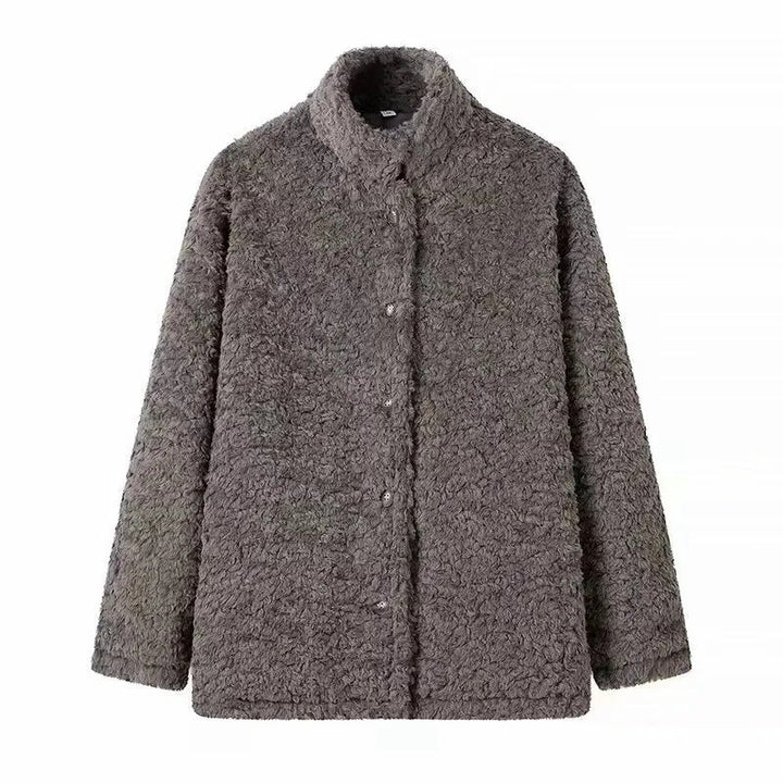 Dam kort teddy jacka med standing krage, snap knäppning och värmande microfleece quality