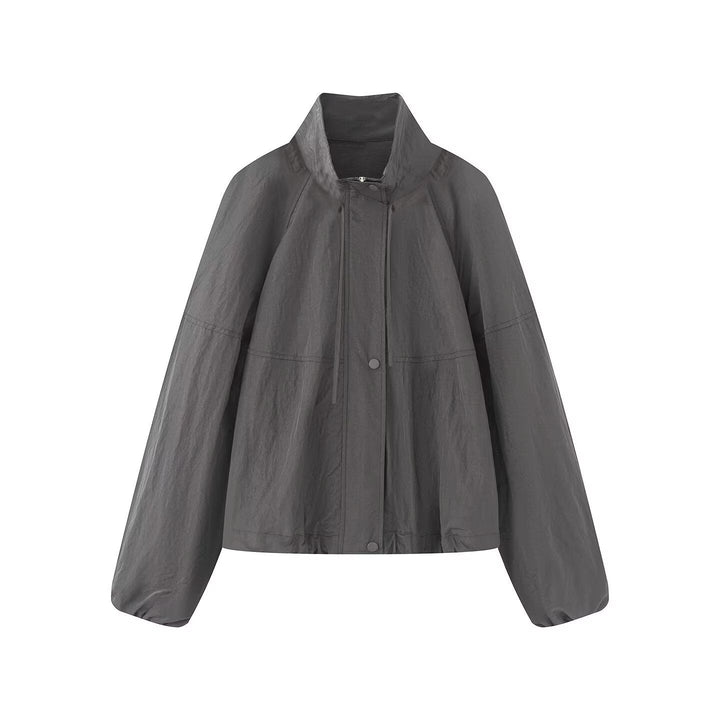 Dam Lätt Oversize Blouson Jacka Tillverkad av Nylon med Stå Krage, Drawstring och Tryckknapp Knapp Stängning