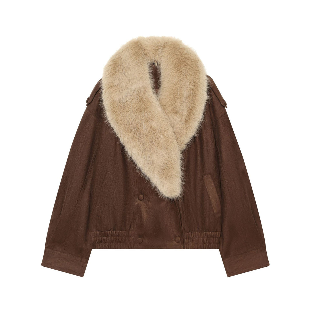 Dam Kort Velvet Jacka med Voluminous Faux Fur Shawl Krage