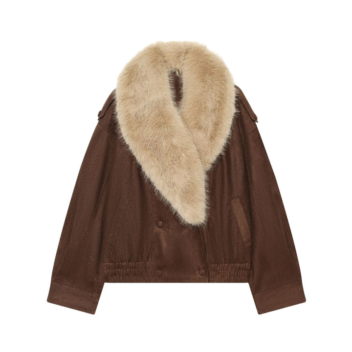 Dam Kort Velvet Jacka med Voluminous Faux Fur Shawl Krage